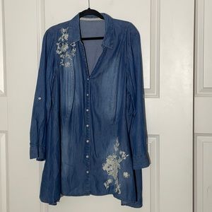 Chambray Tencel Floral Embroidered Tunic 1X